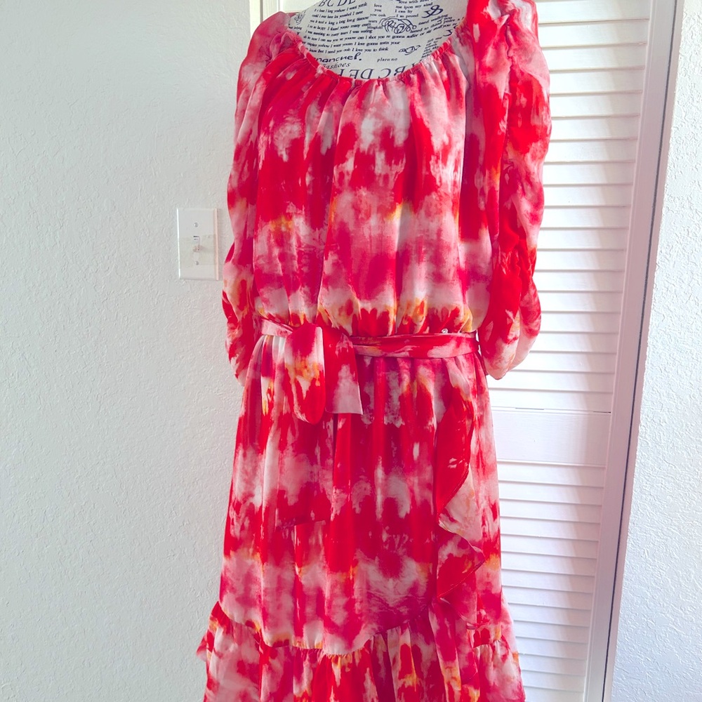 Preowned Calvin Klein Tie Dye Pattern Red dress size L
